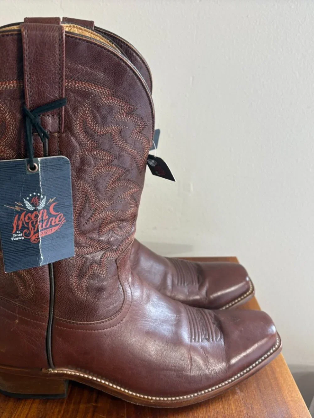 Moonshine Spirit Brad Paisley Brown Leather Cowboy Boots Mens Square Toe size 12